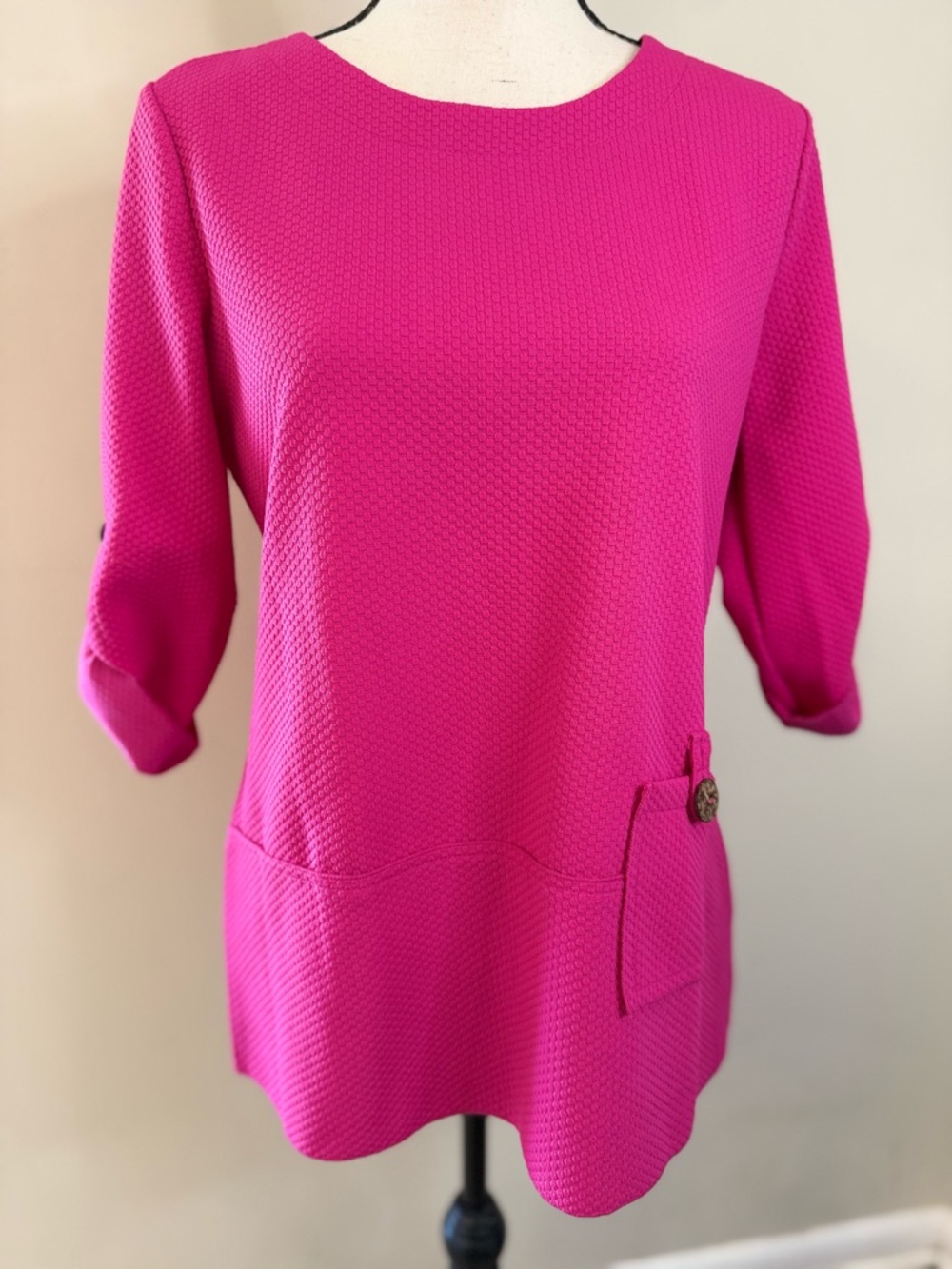 Kaktus boho textured pink tunic top pocket rolled crop sleeves SZ SM